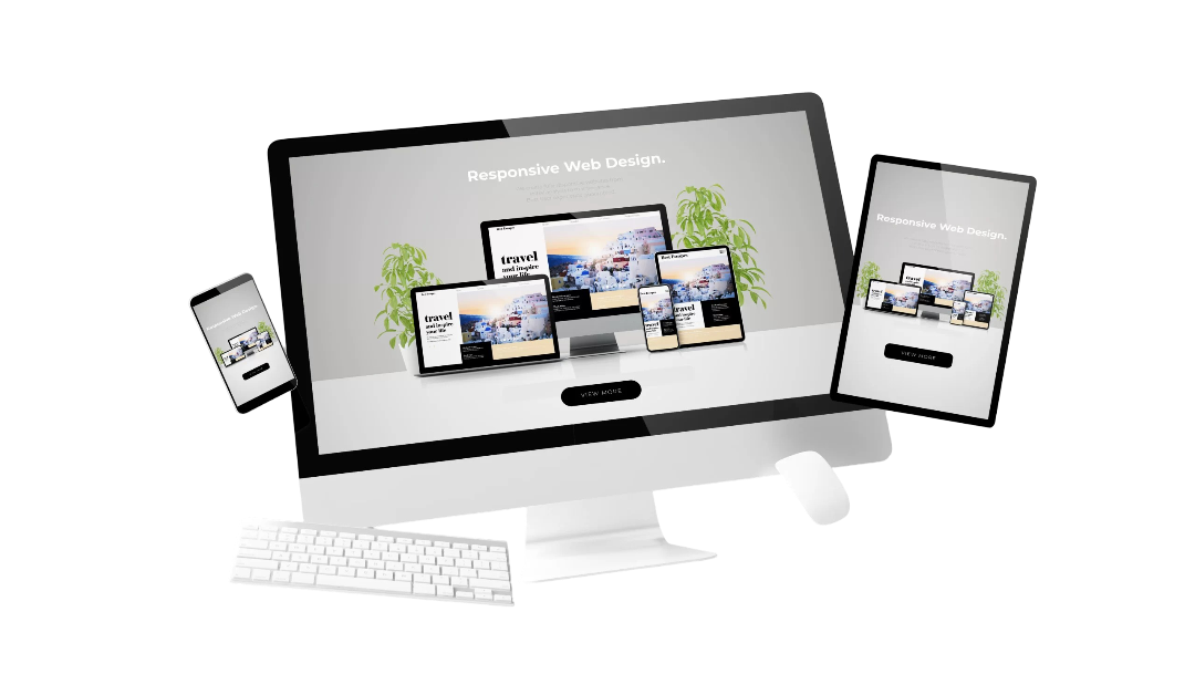 Phone, tablet, and laptop mockups showing a responsive website.