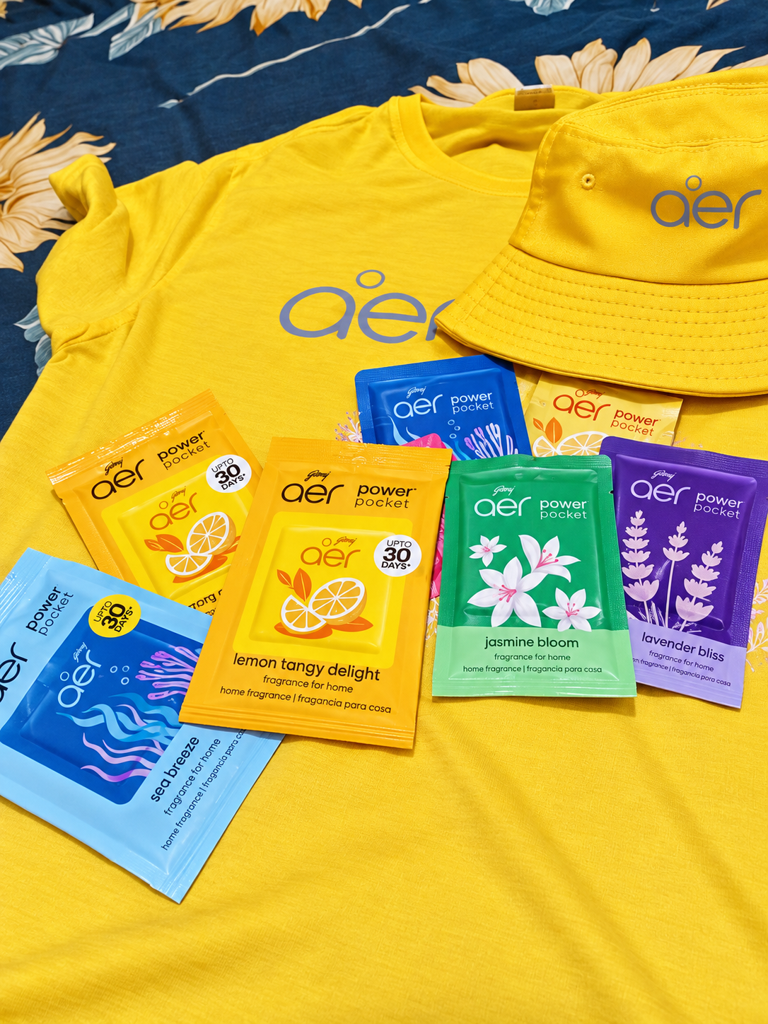 AER Power Pocket merchandise flat-lay with the five fragrance sachets