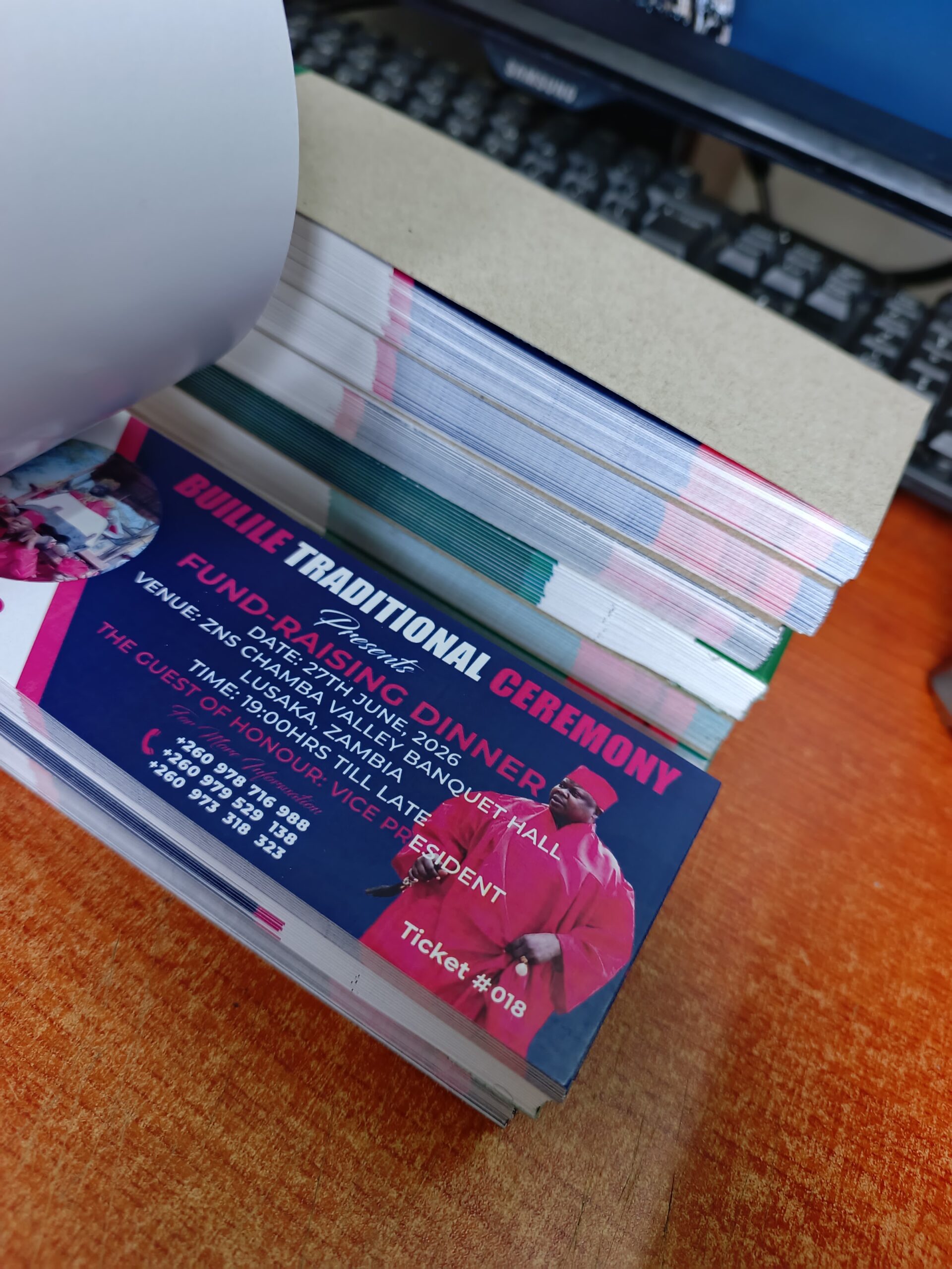 Numbered event tickets produced for the Builile Traditional Ceremony fundraising dinner
