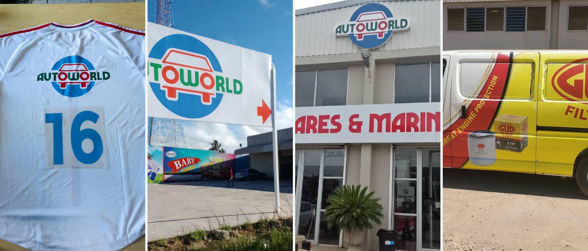 Autoworld shopfront signage, branded vehicle wrap, sponsored team kit and forecourt flag