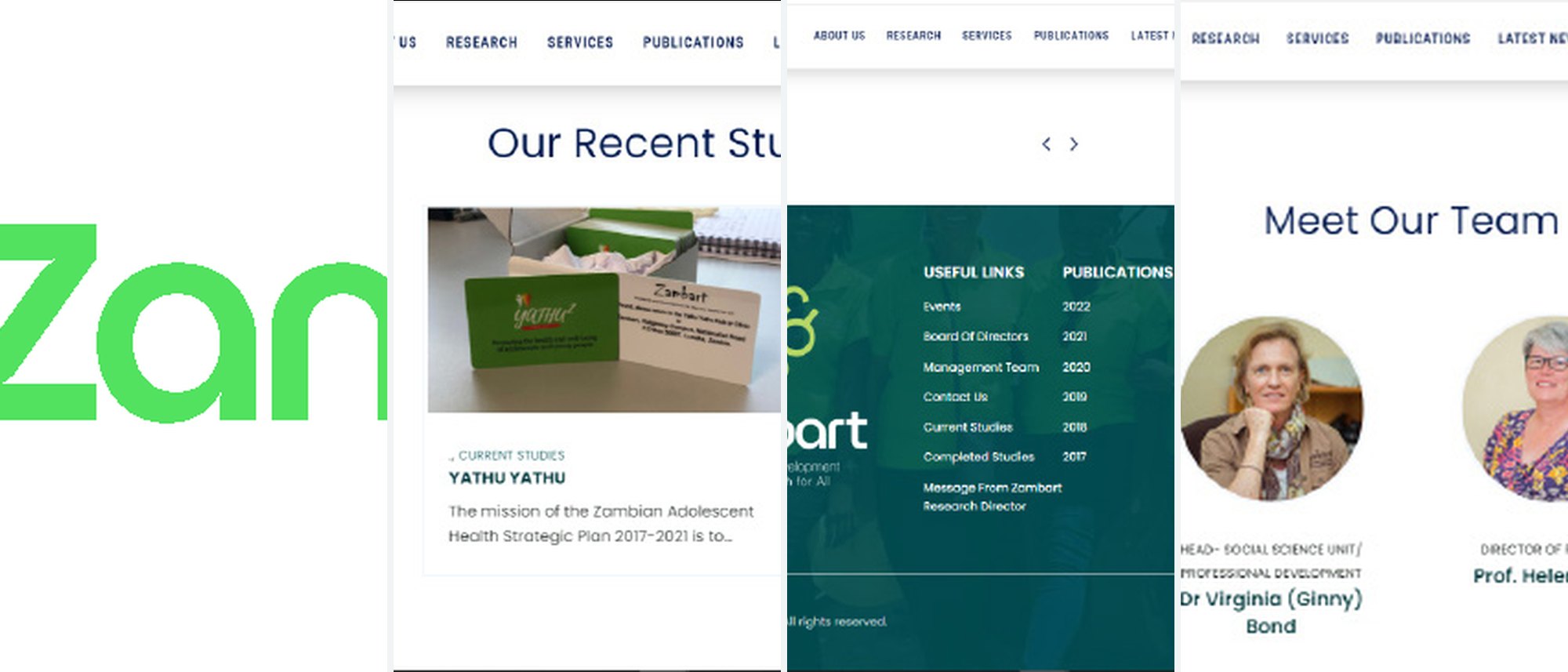 Zambart website screens showing the homepage, team profiles and recent studies