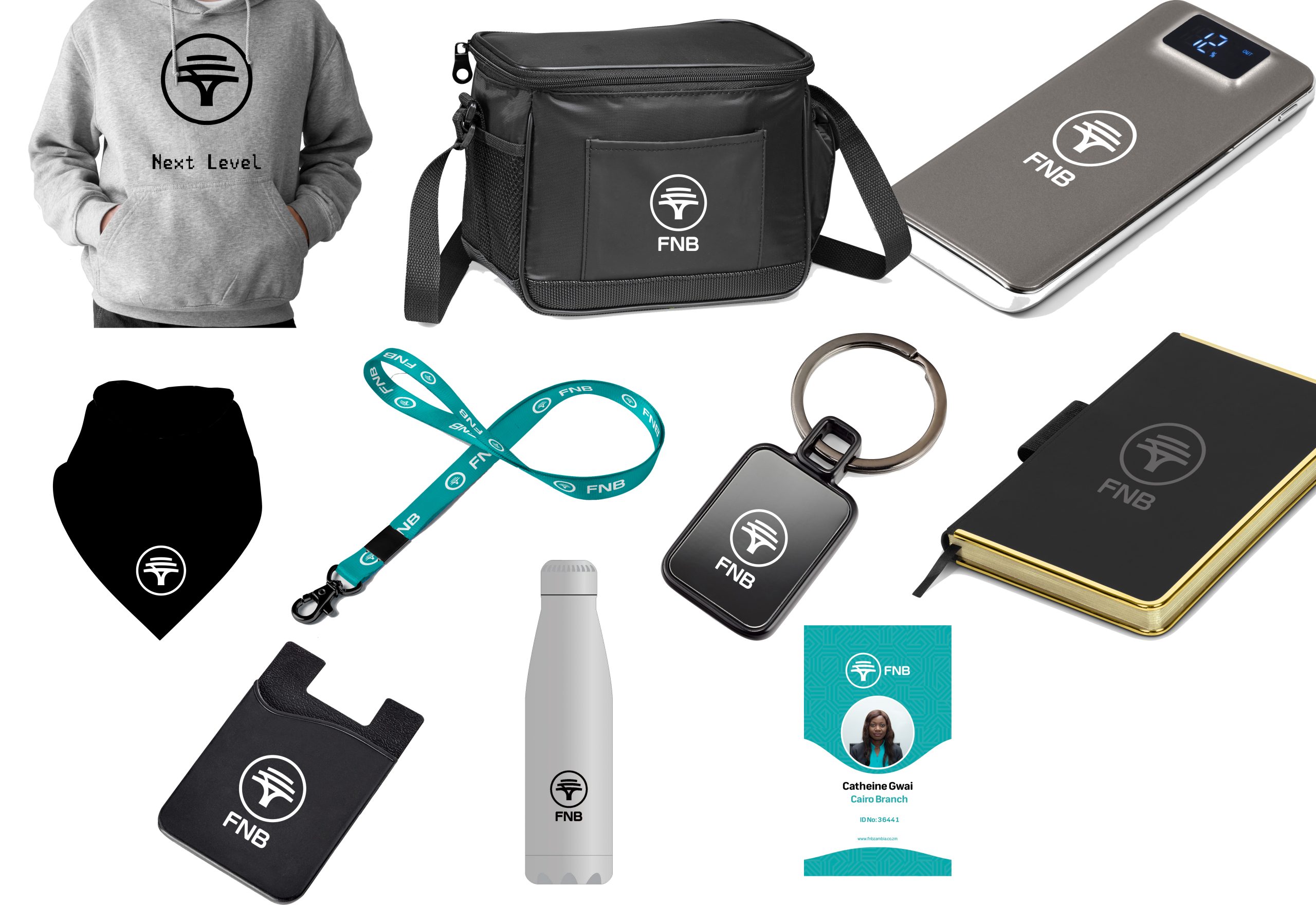 FNB branded collateral including apparel, cooler bag, lanyard, keyring and employee ID card