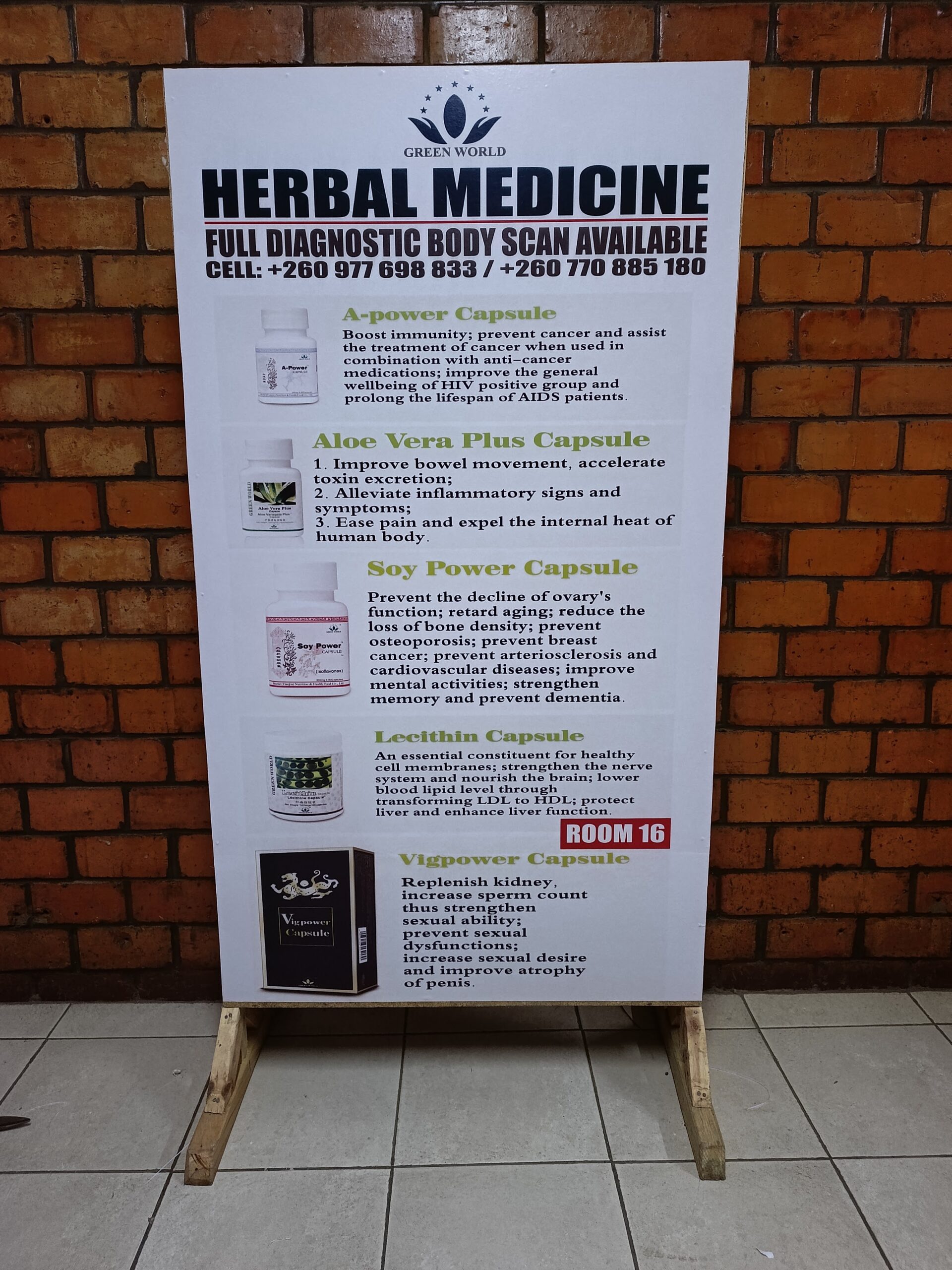 Printed product information display board produced for Green World Herbal Medicine