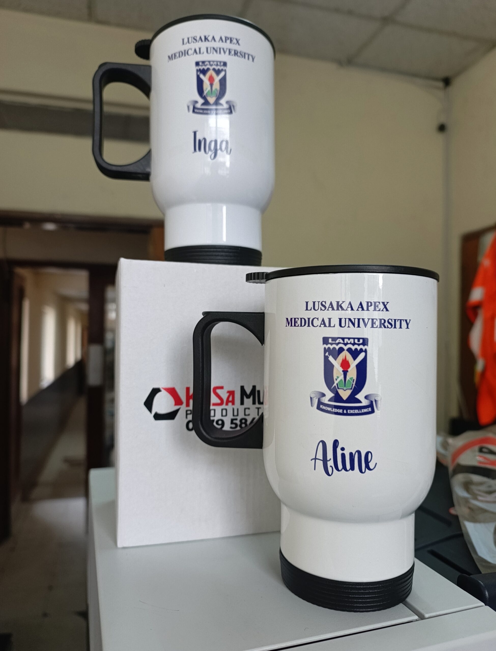 Branded travel mug produced for Lusaka Apex Medical University
