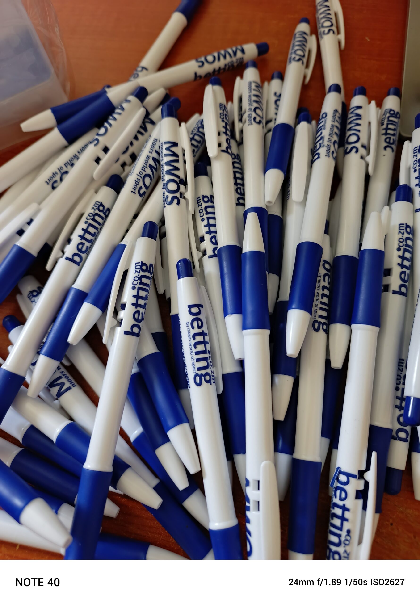 Branded promotional pens produced for Moors World of Sport