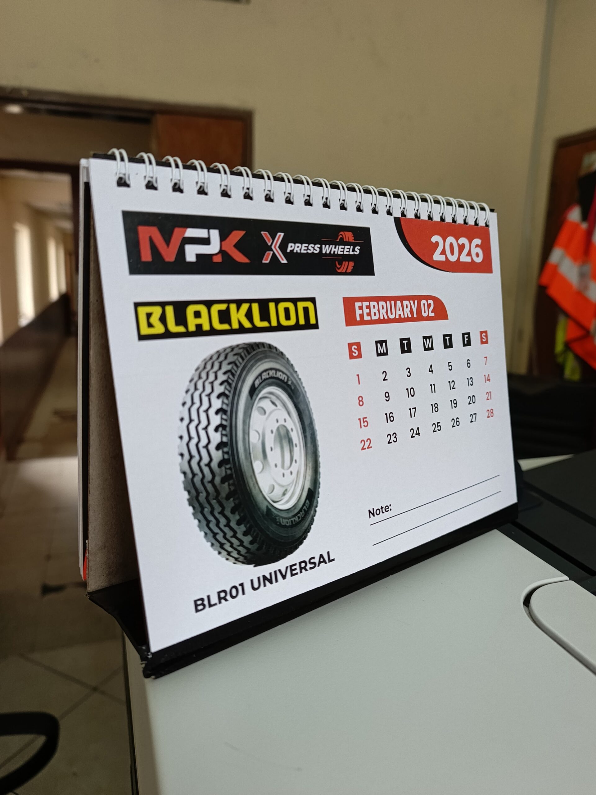 2026 desk calendar produced for MPK Express Wheels featuring Blacklion tyres