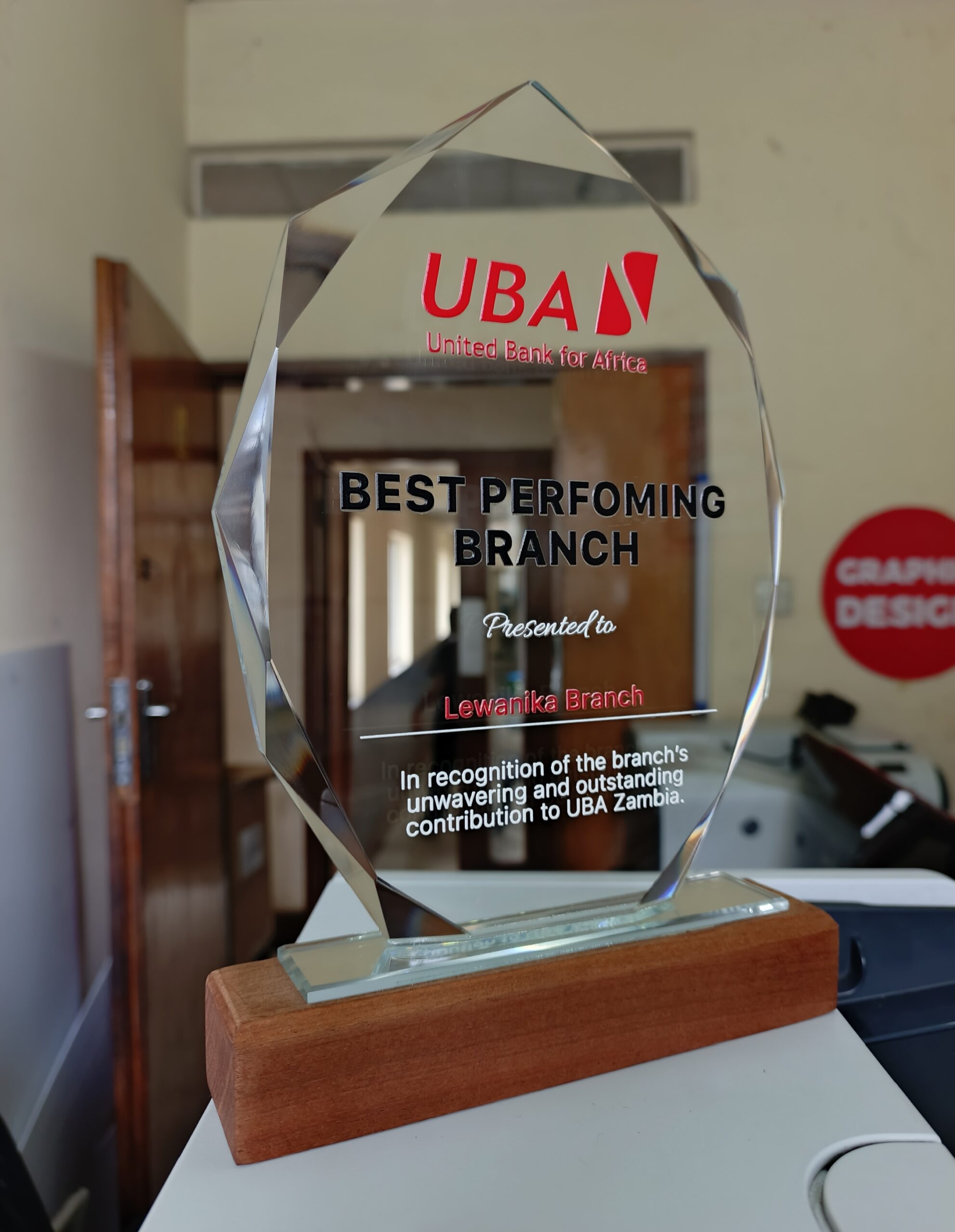 Engraved glass award produced for UBA
