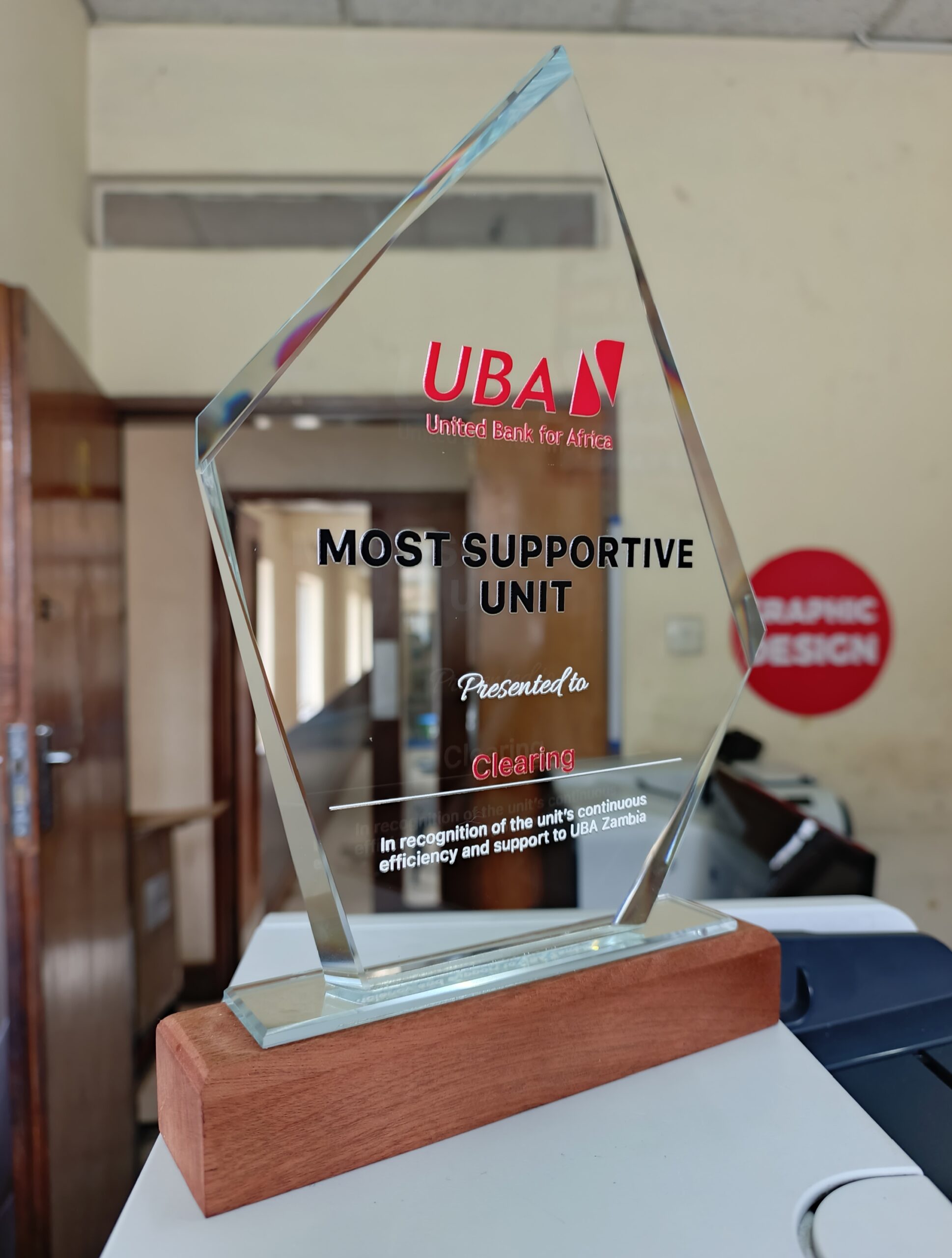 Engraved glass award produced for UBA, recognising Most Supportive Unit